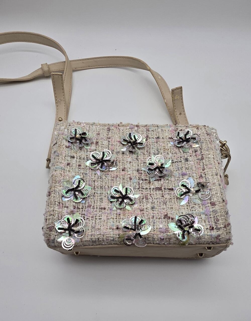 Pastel Tweed Sequin Floral Mini Satchel Crossbody Bag Top Handle Purse